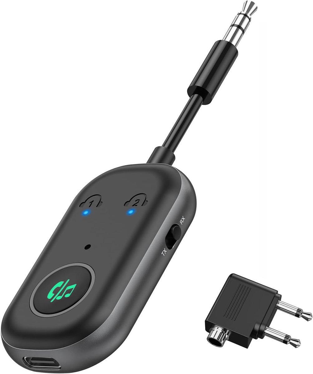 Bluetooth Zender, Bluetooth 5.3 Adapter vliegtuig voor 2 Hoofdtelefoons, 2-in-1 Bluetooth Sender Ontvanger, 16h Levensduur van de Batterij, Bluetooth Transmitter Jack 3.5 mm voor TV, Sportschool