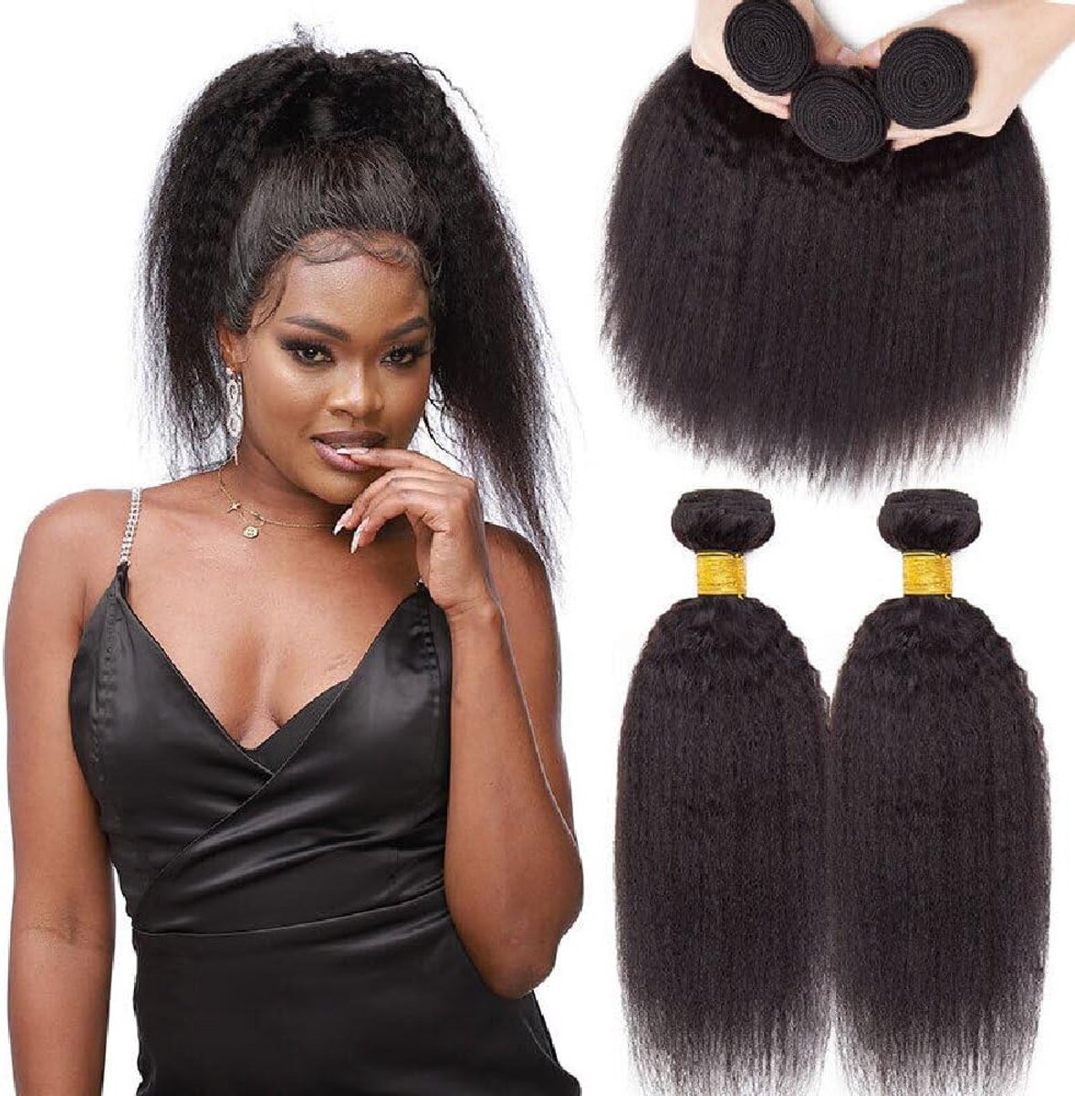 Bundles Human Hair 100% Brazilian Virgin Hair Bundle Full Head Kinky Straight Human Hair Bundles Yaki Hair Bundles Natural Color 3 Bundles Human Hair 300g 18 20 22Inch