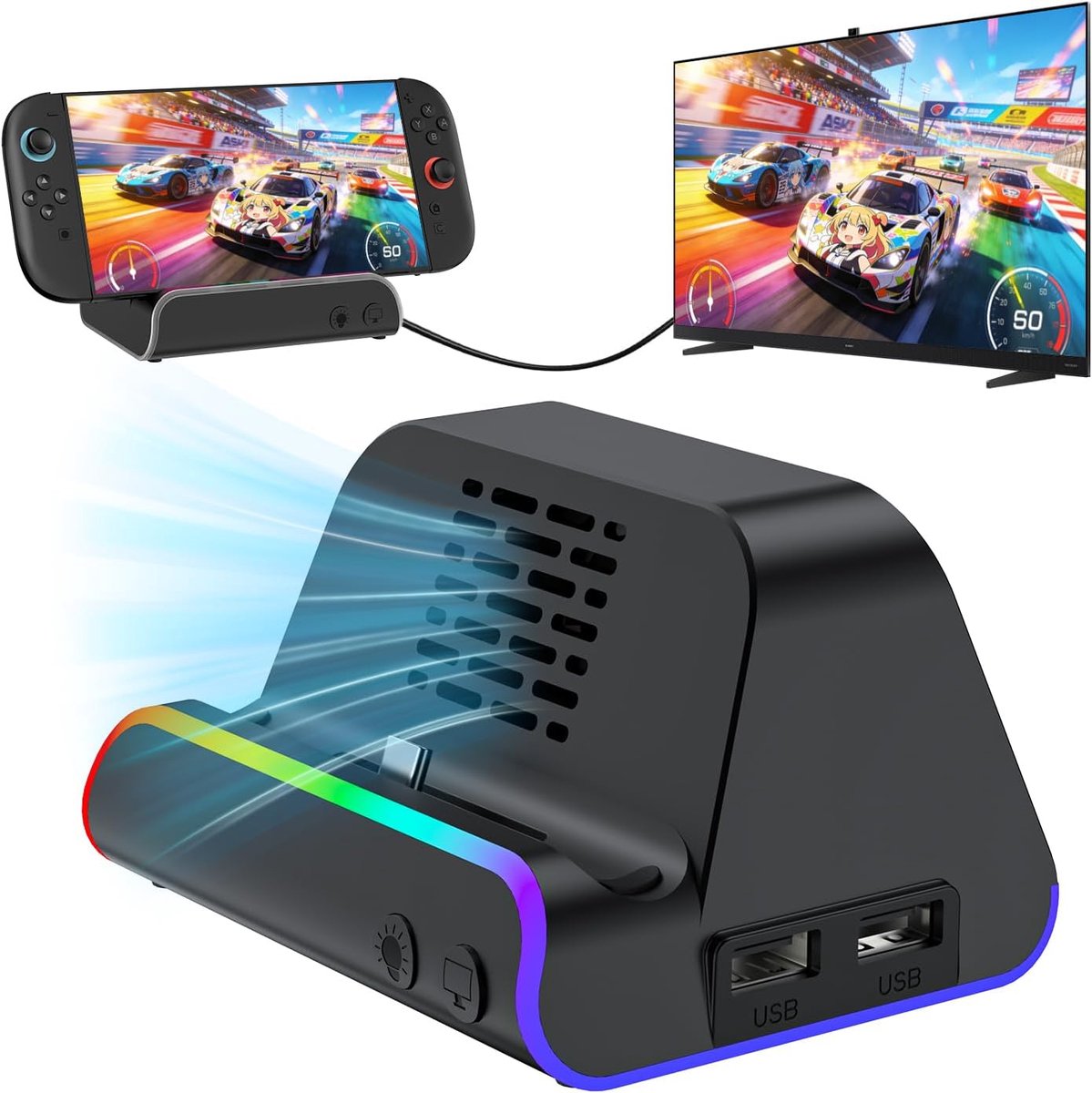 Dock voor Switch 2, Docking Station voor Nintendo Switch 2, oplader station met HDMI 4K @120Hz/oplaadpoort 100 W/USB 3.0/koelventilator
