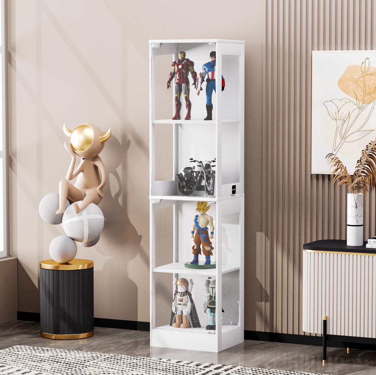 MODENUIT Glasvitrine - 4 Niveaus Met LED En Sensor - Voor Woonkamer En Kantoor - Wit - 40x35x165 Cm