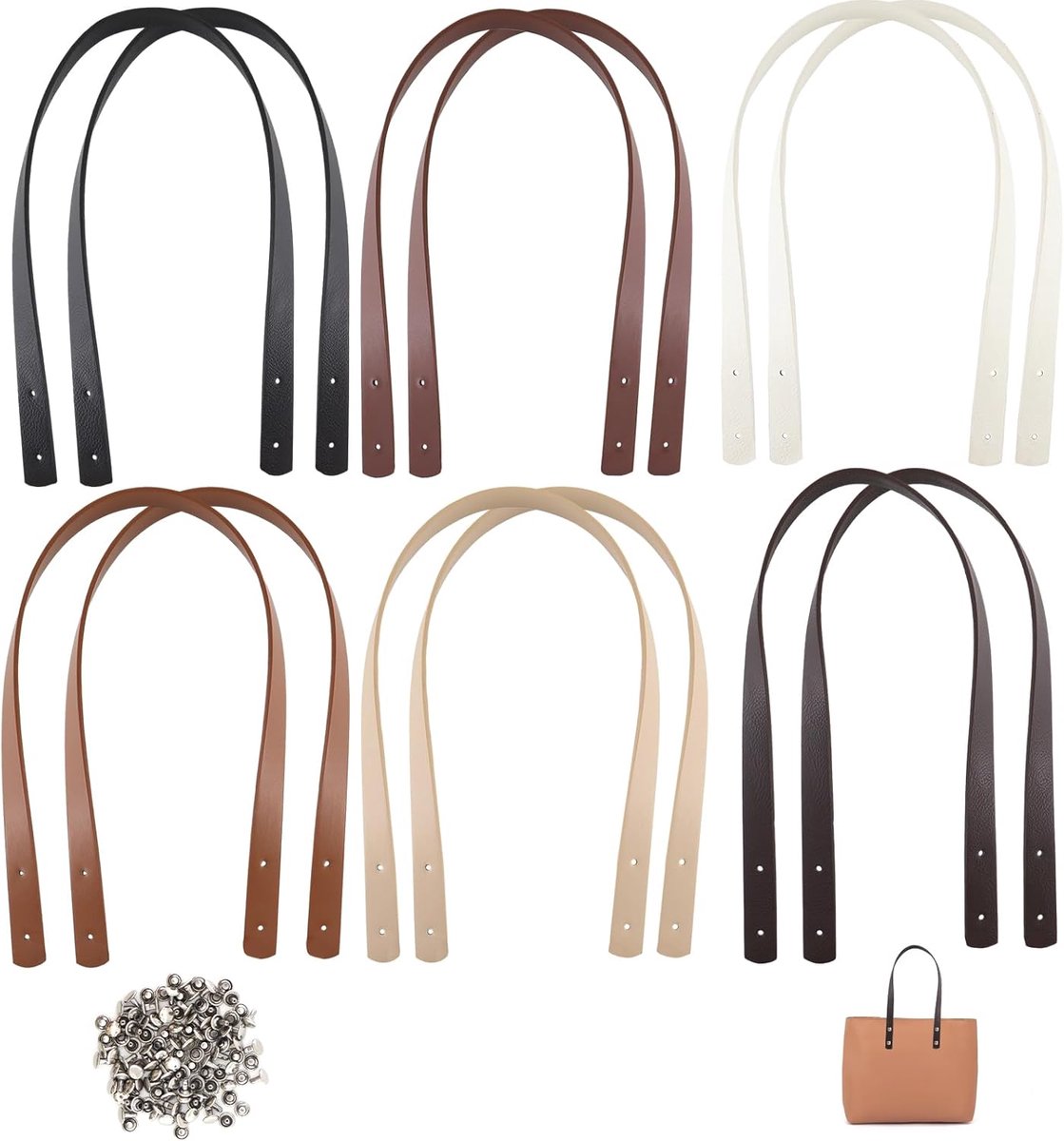 Pakket van 12 PU lederen tassenhandvatten met 48 klinknagels - Wit/Zwart/Beige/Kaki/Lichtbruin/Donkerbruin - 60 cm x 1,8 cm - Haak- en lussluiting - Universele pasvorm - Cargo riem - Accessoire