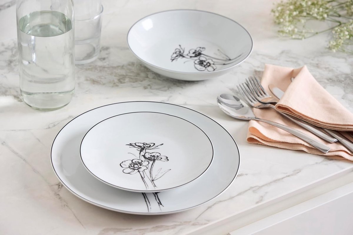 545959 porseleinen tafelservies 18-delig voor 6 personen, platte borden, diepe borden, dessertborden, decoratie The Flower