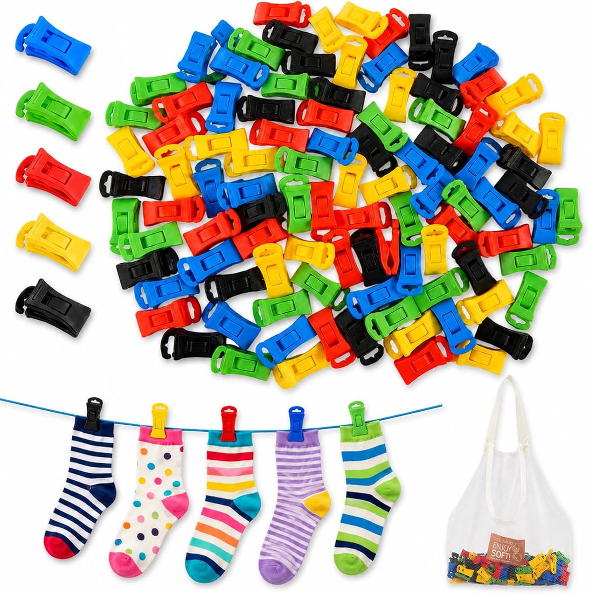 100 stuks sokkenklemmen voor wasmachine en droger met opbergdoos, sokkenhouder, wasmachine met haken, sokken met sokkenclip direct in de lade zonder ze te vouwen sokken