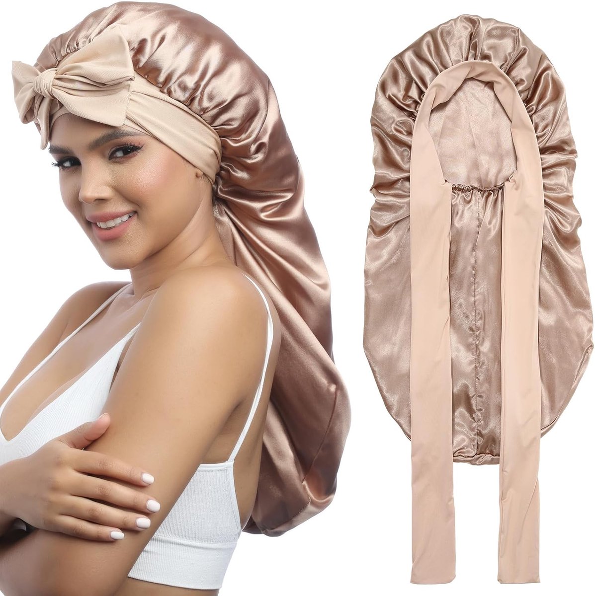 satijnen hoed voor dames, dubbellaags, elastische zijden vlechten, muts, nachtmuts met hoofdband