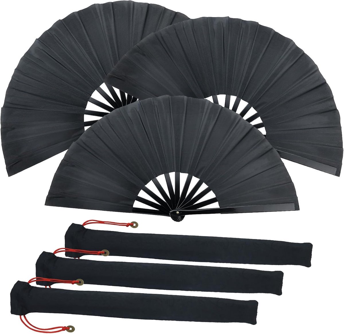 3 stuks grote opvouwbare zijden handwaaiers, Chinese tai chi, nylon waaiers, zwart, doek, Chinese kung fu, met hand, opvouwbare waaiers voor dans, decoraties, festivals