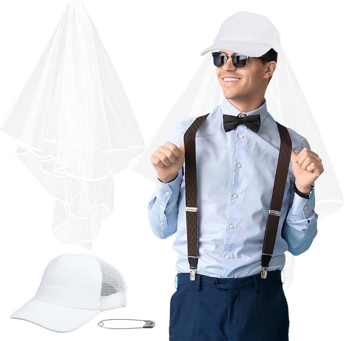 Outfit Set, vrijgezellenfeest mannelijke decoratie 2-delig, vrijgezellenfeest hoed en sluier, JGA feest accessoires, accessoires voor bachelorette feest, bruiloft, foto-rekwisieten
