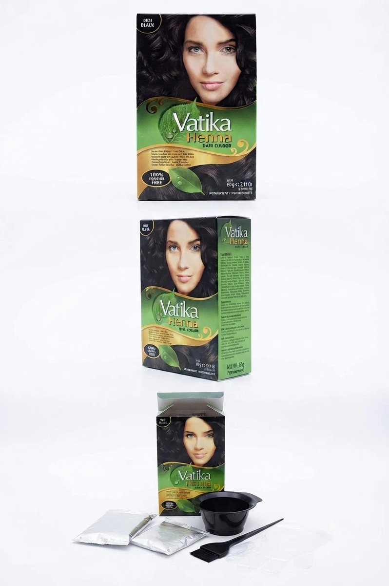 Vatika Henna Haarverf Rich Black - 6 x 10g (60g) Ammoniakvrij Duurzaam Zwart - Natuurlijke Dekking, Intensieve Glans en Verzorging voor Haar Met Kajal Sticker