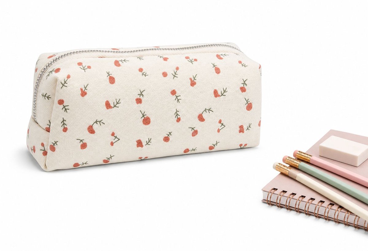 VHV - Grote Etui met Bloemenprint - Esthetische Pennenzak voor Meisjes - Grote Capaciteit Make-up Tas - Schattige Stationery Pouch voor School, College & Kantoor - Rood