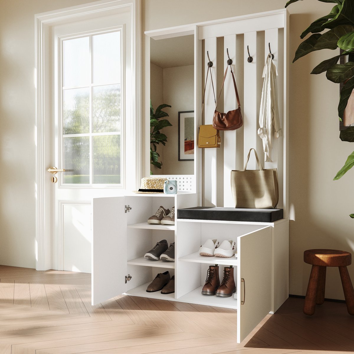 Kapstok garderobekast 100x40x180 cm, halmeubel met spiegel, schoenenkast en zitbank, garderobe met 2 deuren, lades en haken, moderne opbergkast wit