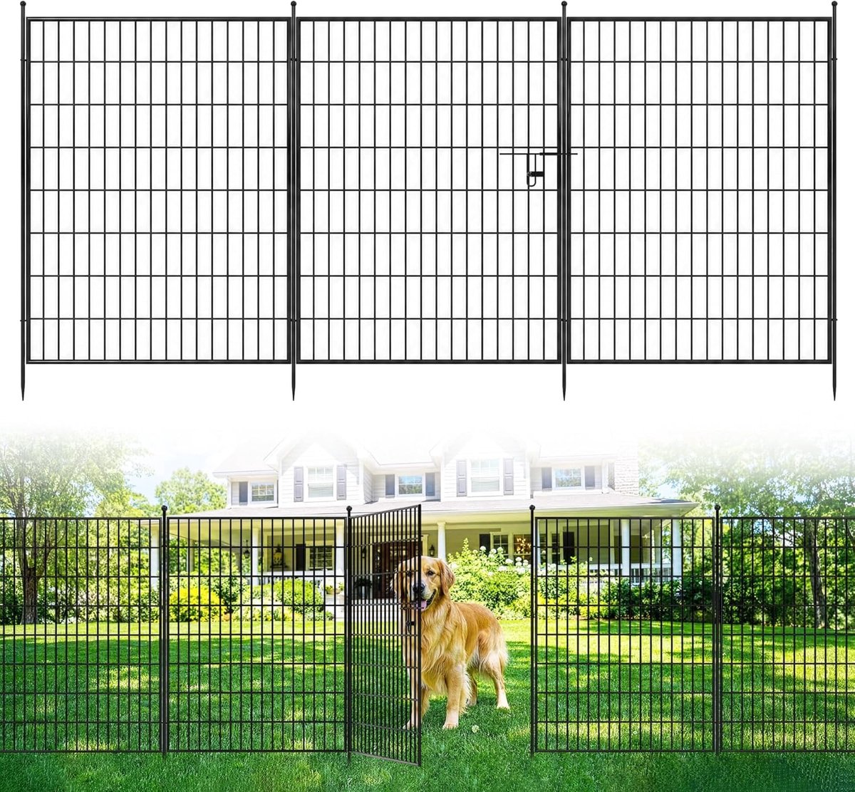 Triumpunpre Set van 5 rechthoekige decoratieve metalen tuinhekpanelen met roestwerende afwerking en poort, dierenafscheiding voor tuin, terras of bloembed - 101,6 cm H x 359,66 cm B