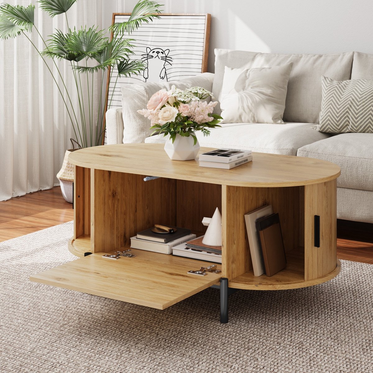DESMIU Salontafel Ovaal Met Opbergruimte En Schuifdeuren Natuurlijk Houtlook MDF En Zwarte Metalen Poten Voor Woonkamer 100x50x40 Cm