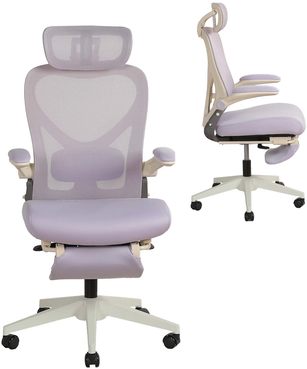 TEKROA® Ergonomische Bureaustoel Inklapbaar - Met Lendensteun, 3D-Hoofdsteun, Opklapbare Armleuningen & Voetsteun - Ruimtebesparend - voor Volwassenen - Paars