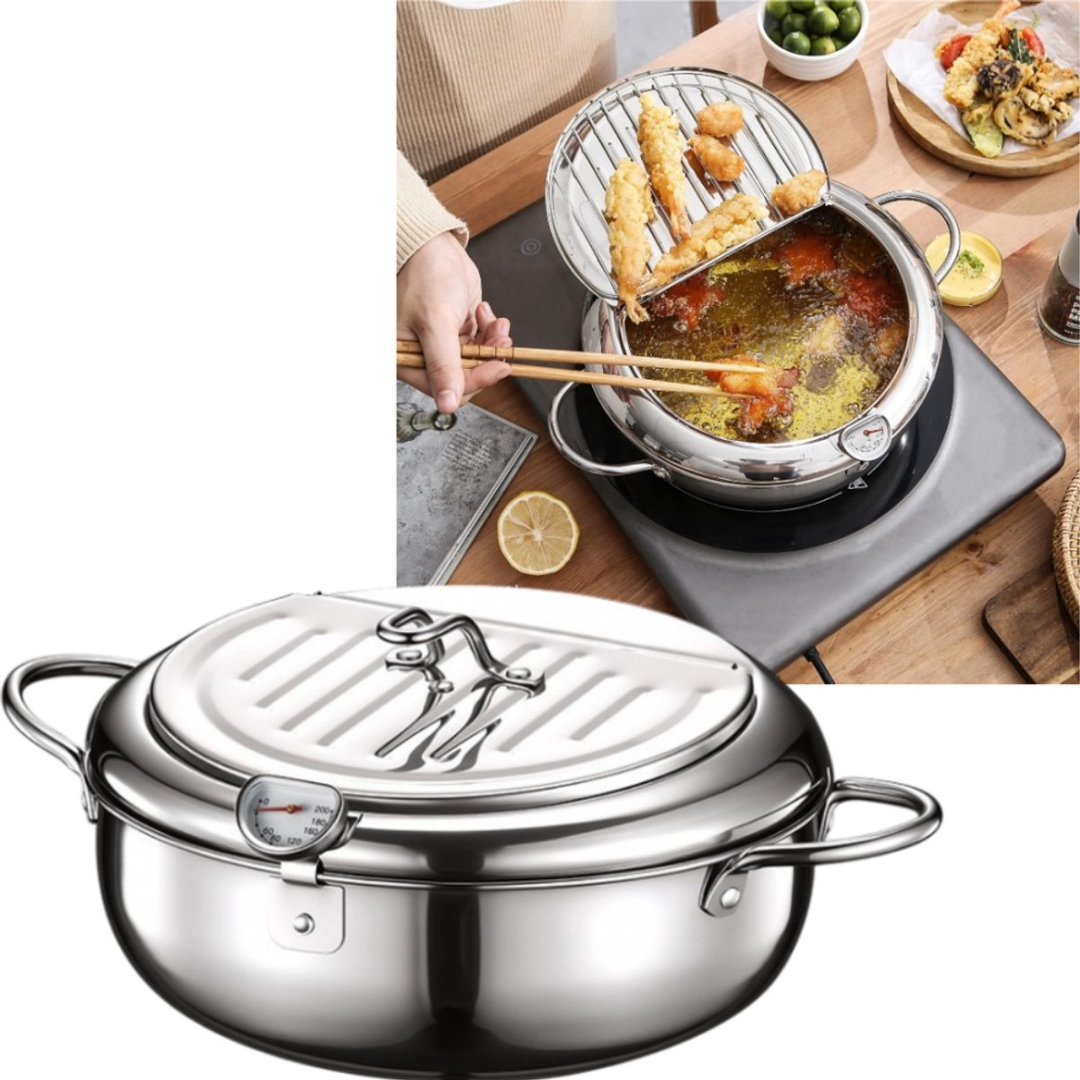 1 stuk 2 liter frituurpan van roestvrij staal in Japanse stijl met ingebouwde thermometer frituurpan uitlekbak 28 cm voor thuisgebruik en frituren zilverkleurig