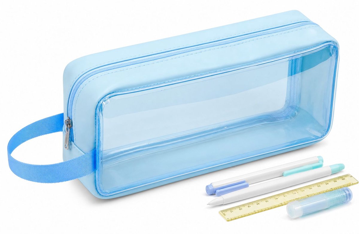 VHV - Transparante Etui - Blauw - Waterdichte PVC Pennenzak voor Examens - Multifunctionele Make-up Tas & Reisetui - Doorschijnende Toiletpouch voor School & Kantoor