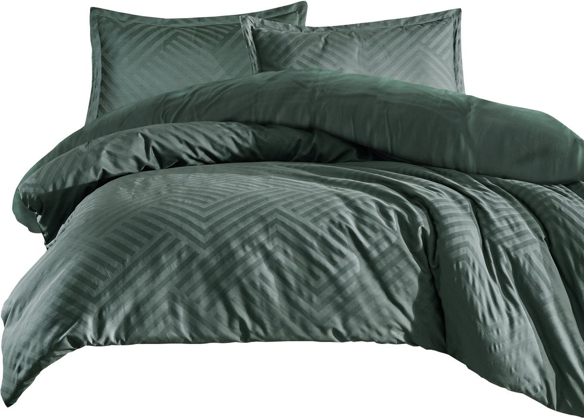 Darymex Tula-1 - Dekbedovertrek set - 100% Katoen-Satijn Jacquard - Met Ritssluiting - 160x200 cm - Groen Gestreept