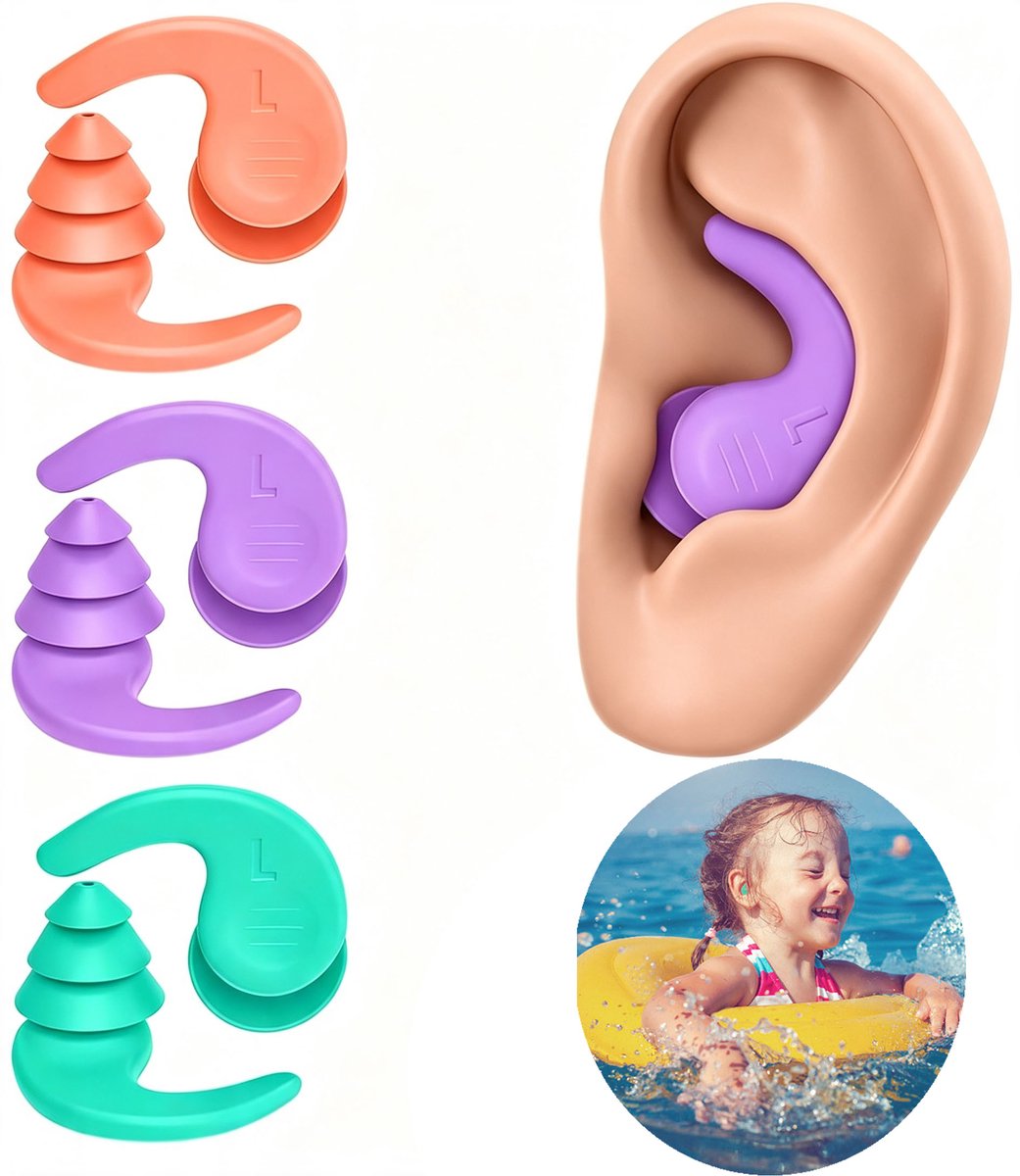 Siliconen Oordopjes - 3 paar - Herbruikbare Oordopjes - Zwemoordopjes voor kinderen - Zwemoordoppen - Earplugs Water - Waterdichte Oordopjes - Voor zwemmen, surfen, snorkelen en andere watersporten - Cyaan/Paars/Oranje