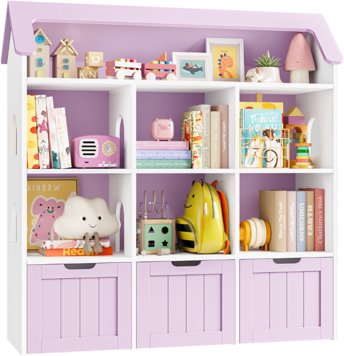 Speelgoedopbergkast – Voor Kinderkamer en Speelkamer – Huisvormige Boekenkast met 7 Open Vakken en 3 Laden – Hout/Wit, 120x33x117,5cm