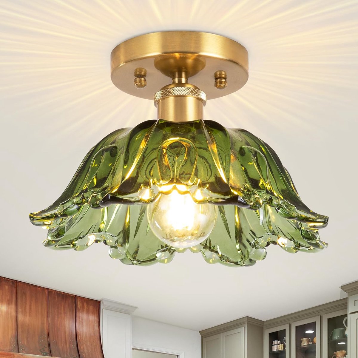 SnelShoppen - Plafondlamp vintage met halfronde lampenkap groen glas, E27 26 cm, sfeervolle plafondverlichting voor slaapkamer, hal, keuken, eetkamer