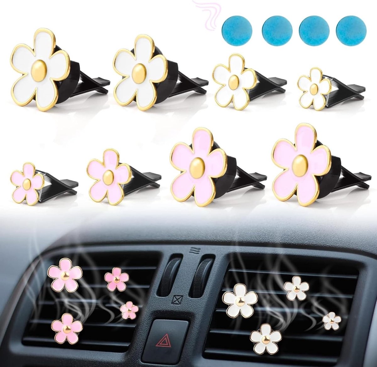 2 Juego De Ambientador Coche De Flores (Rosa Blanco) - 8 Stuks Daisy Ventilatieclips, Auto Decoratie, Luchtverfrisser en Interieuraccessoires voor Dames
