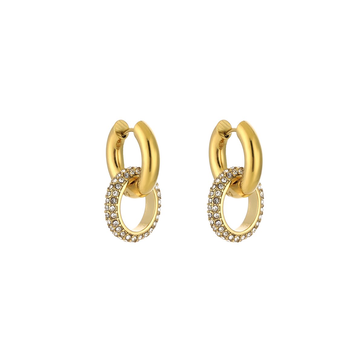Stainless Steel Double Interlocking Pavé Zirconia Hoops – Luxe Ineengestrengelde Pavé Zirkonia Oorringen – RVS - Goud