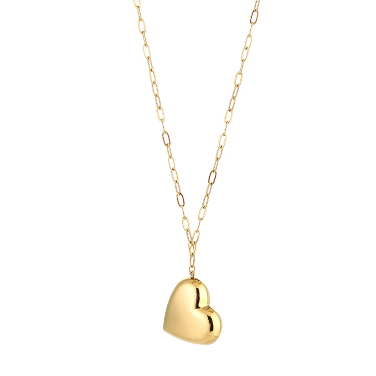 Lange Ketting Dames 80+5 cm - Roestvrij Staal (RVS) - Met Groot Bol Hart Hanger - Lange Schakelketting / Hartjes Ketting - Sieraden Cadeau Vrouw - Goud