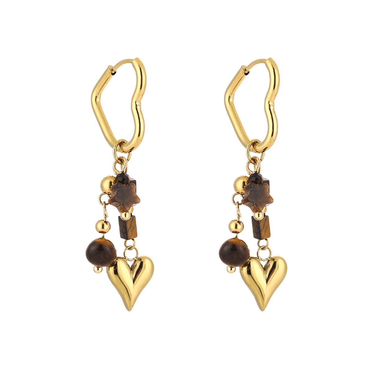 Stainless Steel Heart-Shaped Hoops with Gemstones & Puffy Heart Charm – Luxe Hartvormige Oorringen met Natuursteen – RVS - Goud