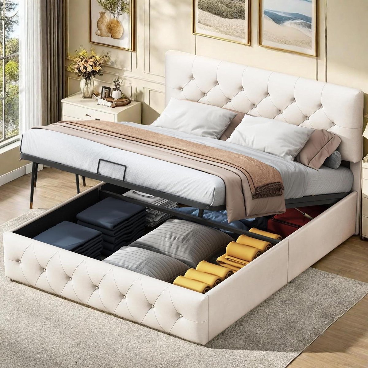 Gestoffeerd Bed - Tweepersoonsbed - Slaapcomfort Creëren - Verstelbaar Hoofdeinde - 140x200 cm - Beige