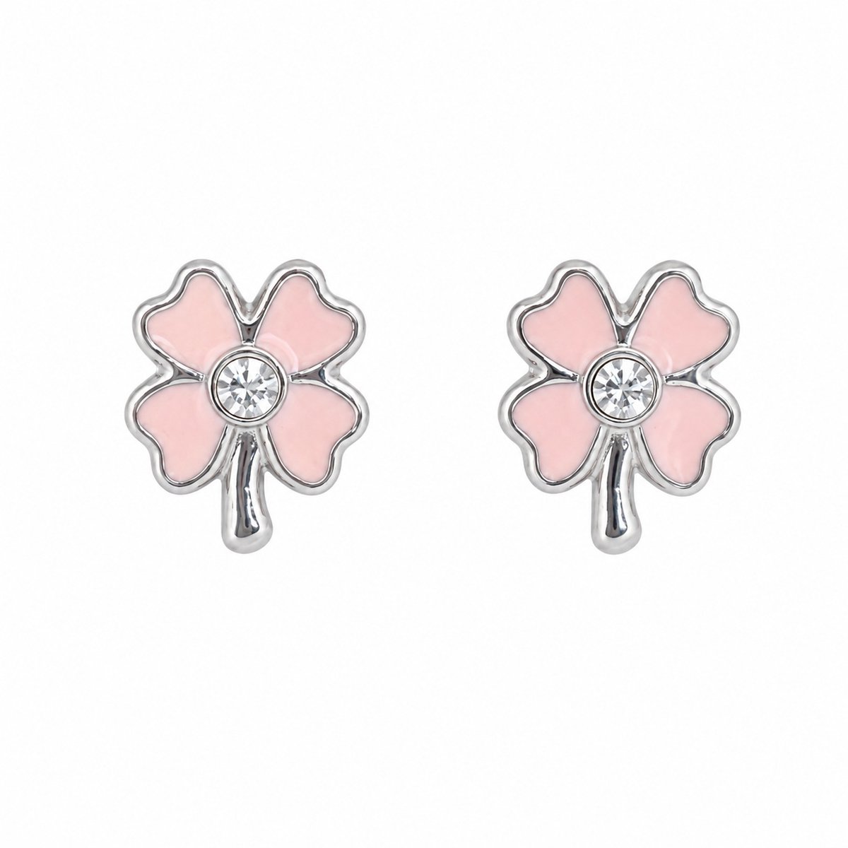 Stalen dames oorstekers klavertje 4 vier met roze emaille en glinsterend kristal steentje - 8mm