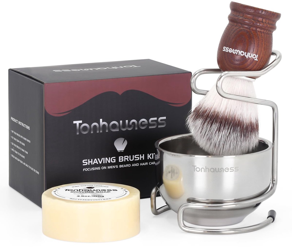 SnelShoppen - 4-in-1 Scheerkwastenset voor Mannen, Nylon Borstels, Scheerschaal en Standaard, Scheerzeepset, Perfect Scheercadeau voor Vaderdag of Ver