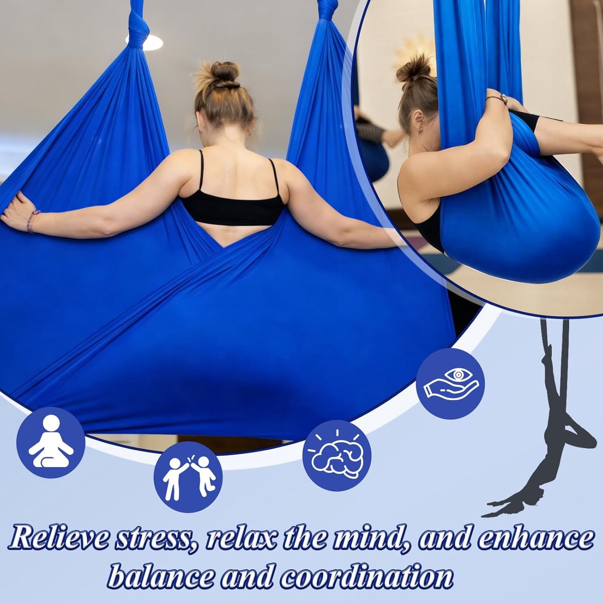 SnelShoppen - Aerial Yoga Hangmatset 150 x 280 cm, Yoga-Hangmat voor Volwassenen, Aerial Yogahanddoek met Beslag, Nestschommel max. 200 kg voor Volwas