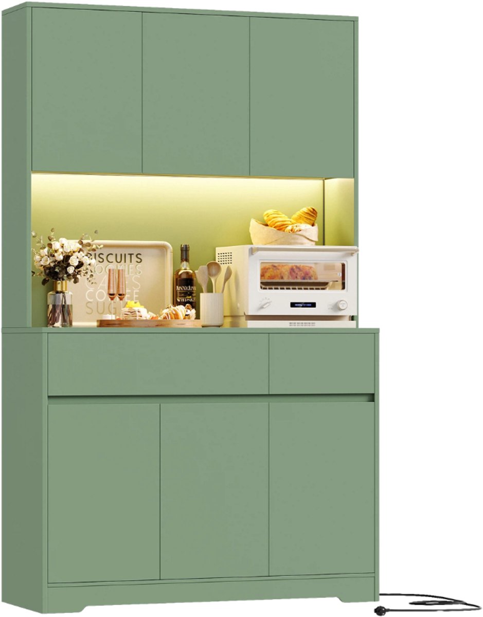 Getone Tall Cabinet – Voor Keuken – LED & Stopcontact, 6 Deuren en 2 Laden met Verstelbare Planken – 180x100x38,5 cm
