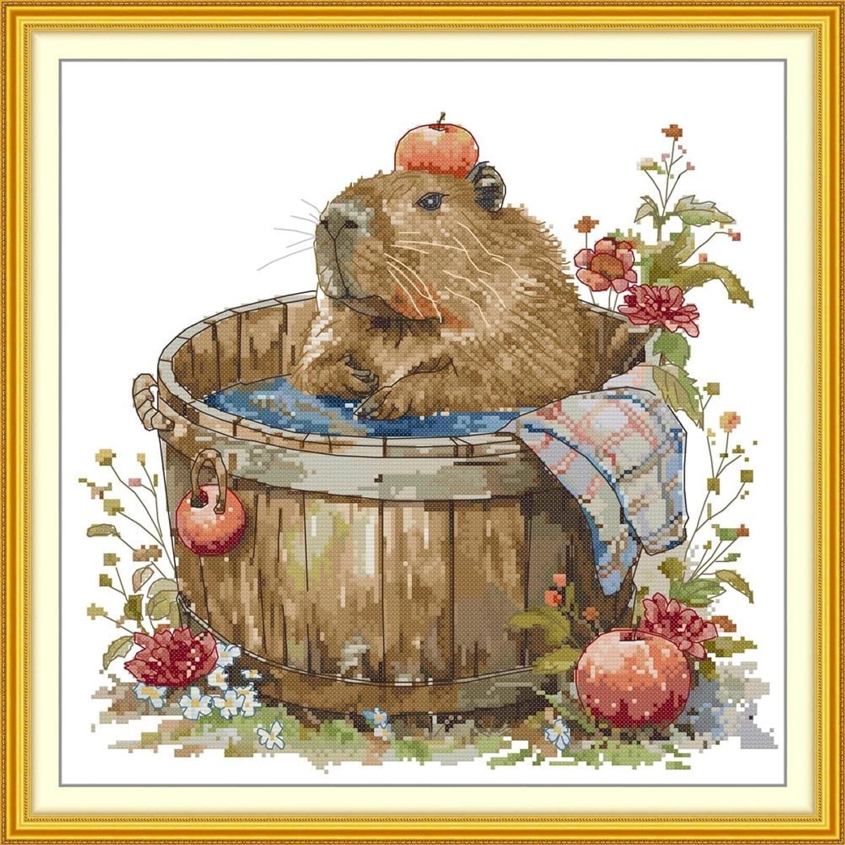 Cross Stitch Kits 14 Count Stamped, Capibara Dier Borduurset met Accessoires en Voorbedrukt Ontwerp (39×39CM)