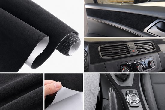 Collage: Zwart suède folie op rol, auto interieur, en close-ups.