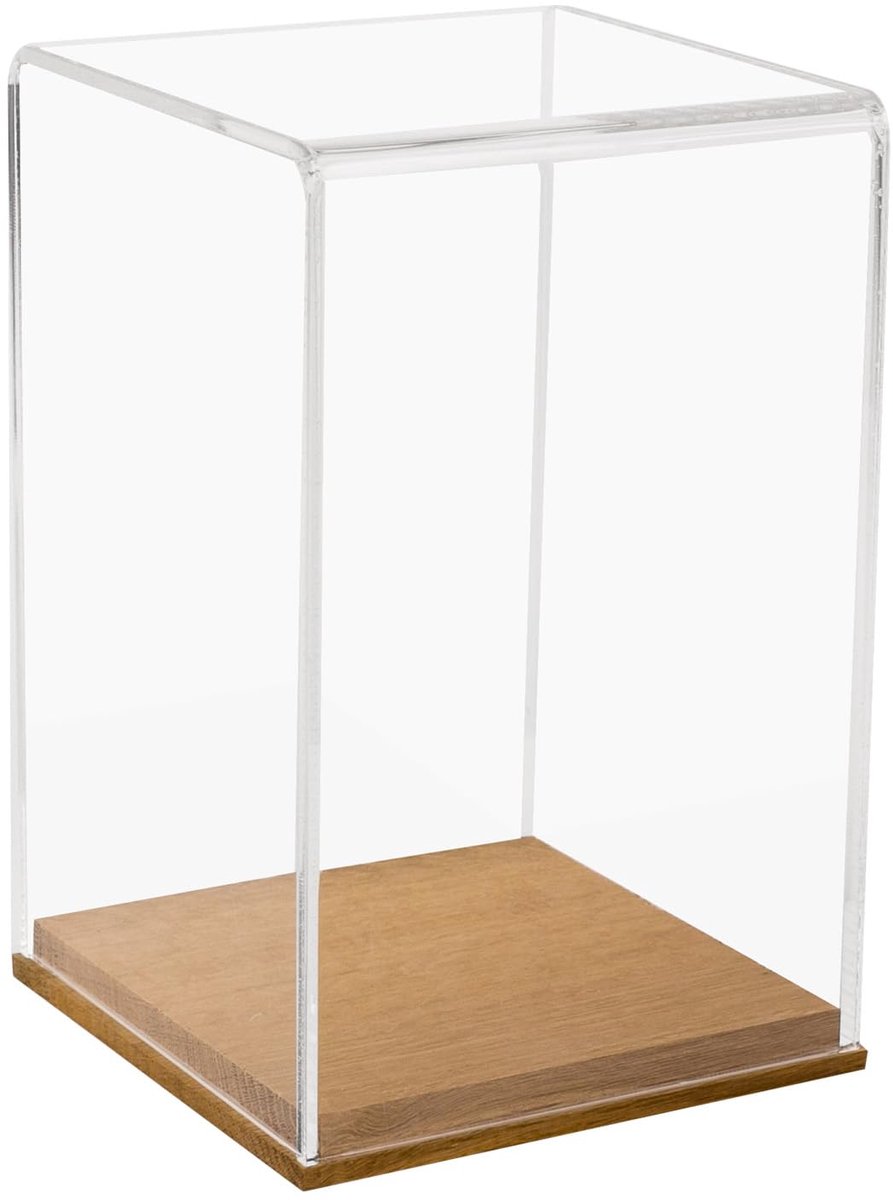 SnelShoppen - Acryl Vitrinekast met Houten Sokkel voor Figuren | 14 x 14 x 22 cm | Transparant | Decoratie en Bescherming voor Verzamelobjecten