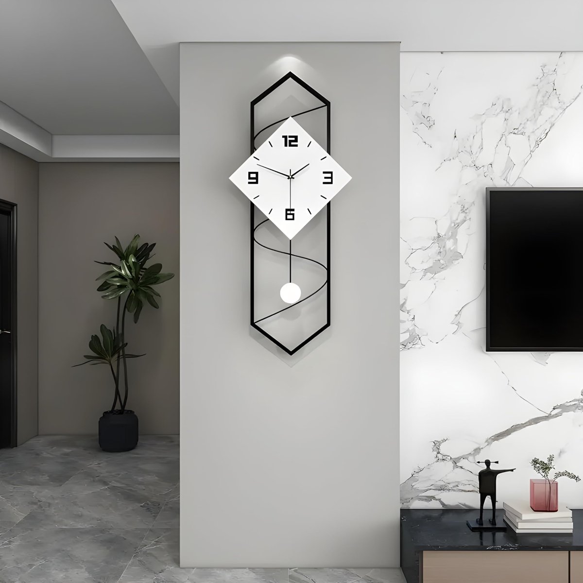 SnelShoppen - Grote Slinger Wandklok 70cm x 30cm Zwart/Wit Modern Design Silent Sweep voor Huiskamer, Keuken, Kantoor en Slaapkamer