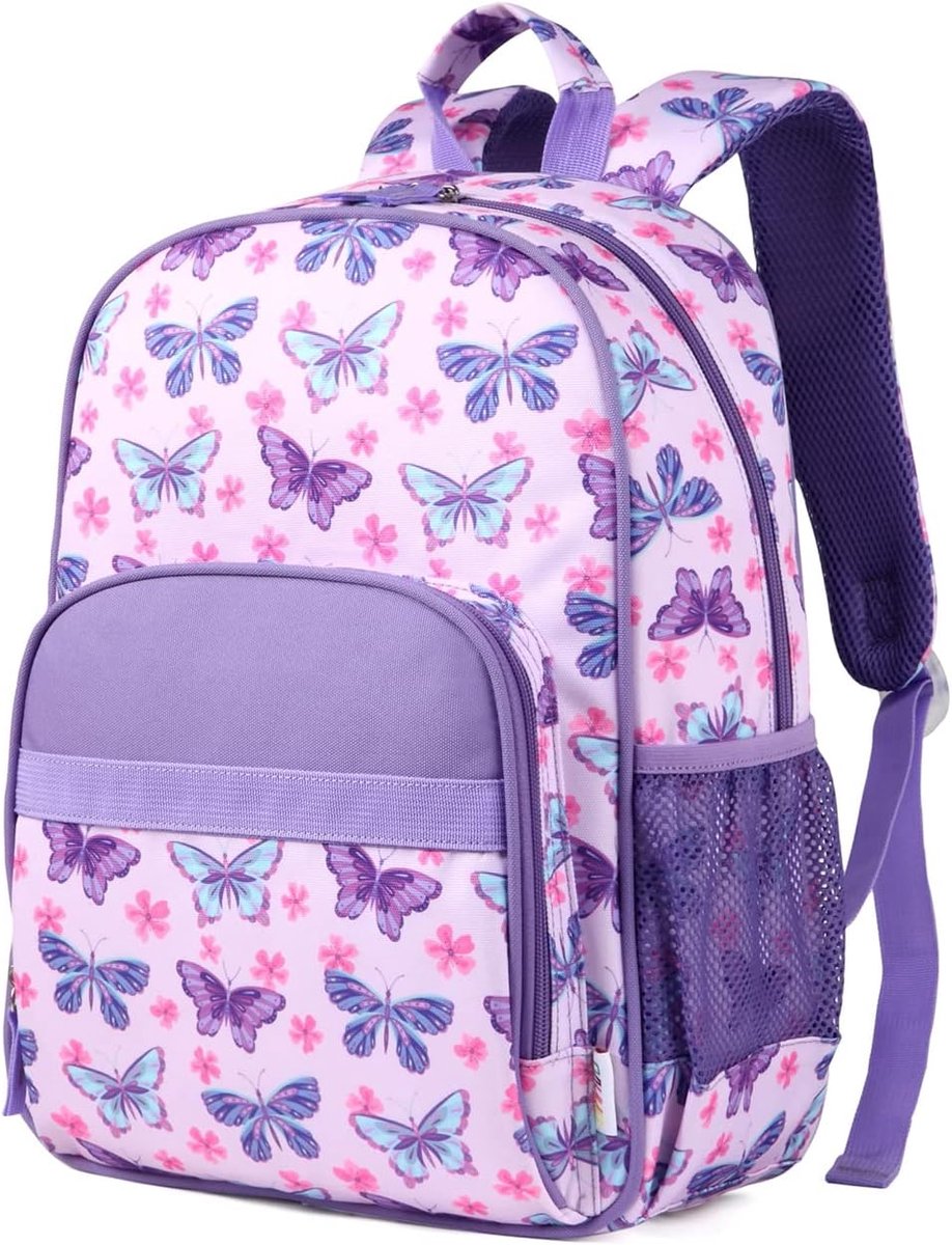Schoolrugzak voor jongens en meisjes, 6-9 jaar, 15,5 l, waterdicht, met borstband, voor kleuterschool en basisschool, Paarse vlinder, 29x13,5x39,5 cm / 11,4x5,3x15,6 pulgadas