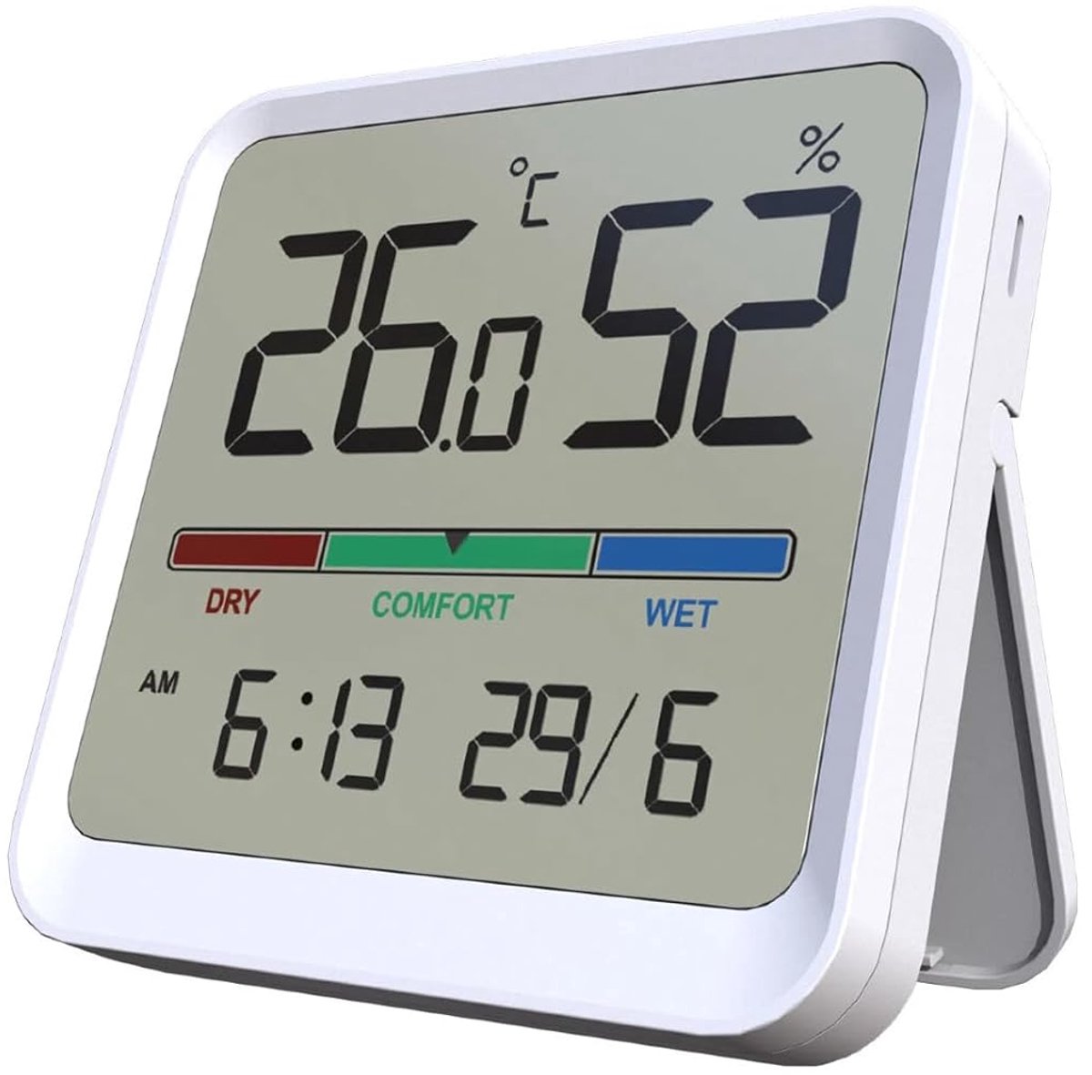 Hygrometer, thermometer voor binnen, nauwkeurige temperatuur, luchtvochtigheidsmeter met datum, tijdweergave, ± 1 °C ± 5% RH nauwkeurigheid, -10 °C ~ 50 °C / 10% ~ 95% RH bereik voor woonkamer