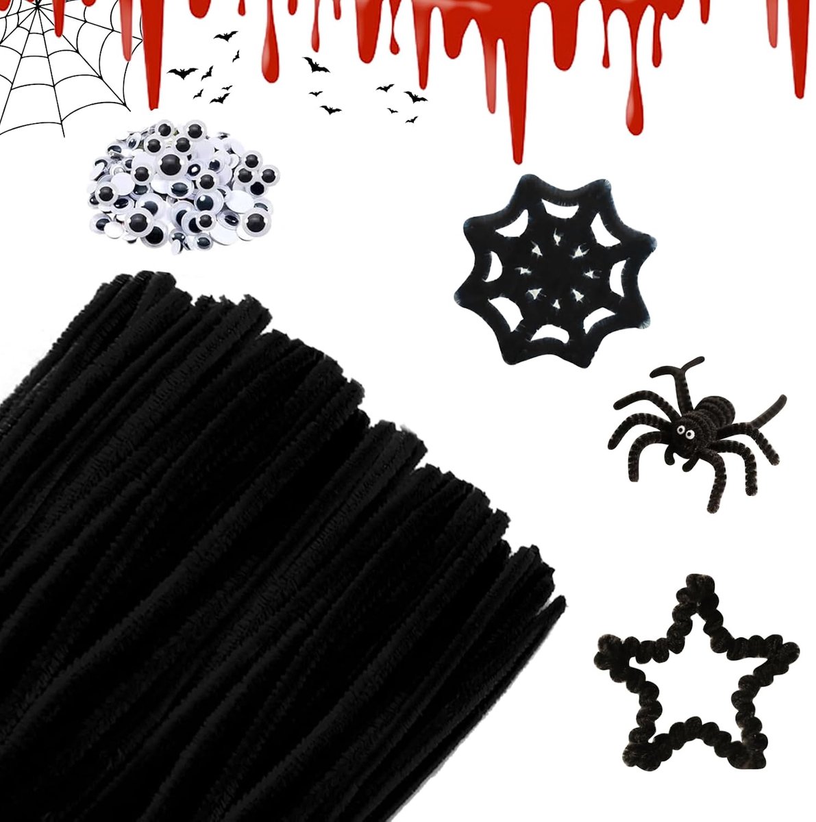 200 Pcs Scovolini lavoretti Ciniglia Nero, 30cmx6mm Scovolini | per Lavoretti,pipe cleaners for flower set,fiori steli di ciniglia Colorati per DIY Animale Decorazione di Halloween