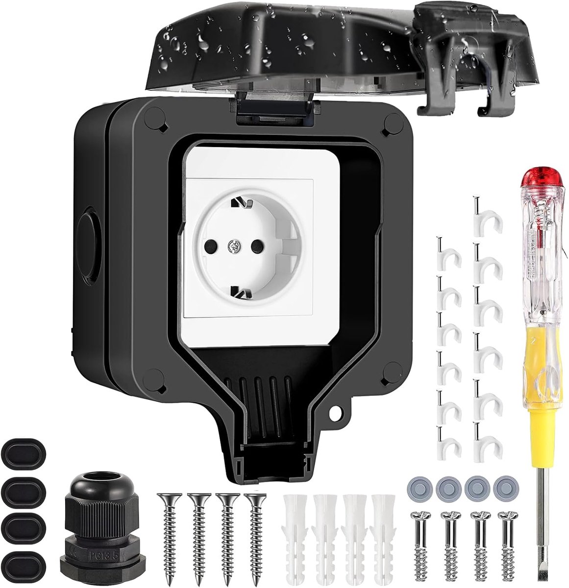 Stopcontact voor buiten, waterdicht IP66, wandstopcontact en beschermklep, stofdicht, afsluitbaar, voor garage, zwembad, tuin, zwart