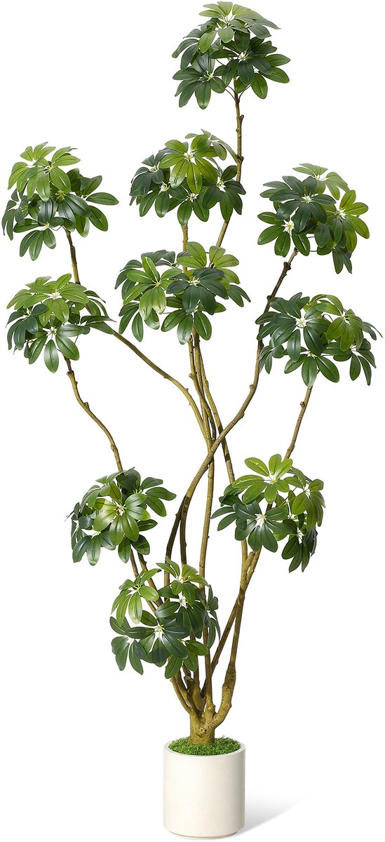 210 cm hoge levensechte kunstparasolboom (Schefflera), staande binnenkunstplant met meerdere stammen, real-touch bladeren, decoratieve witte pot voor thuis, kantoor en veranda