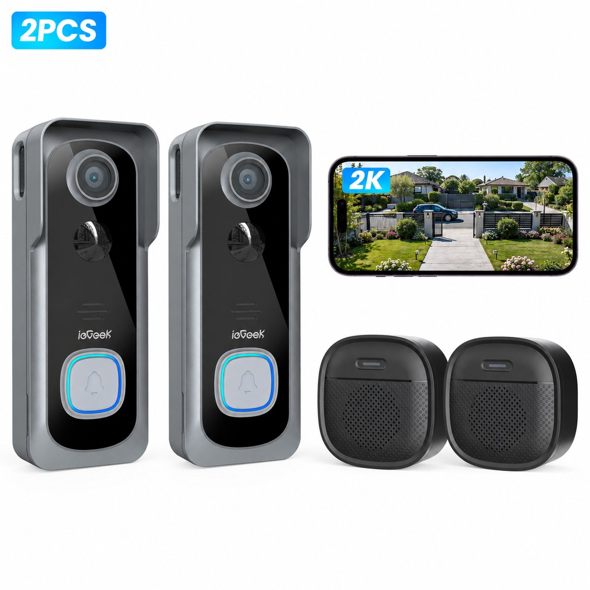 ieGeek Videodeurbel Draadloos 2K 3MP – Zonder Abonnement – Deurbelcamera met Gong – PIR Detectie – Tweeweg Audio – Alexa – Grijs - 2pcs