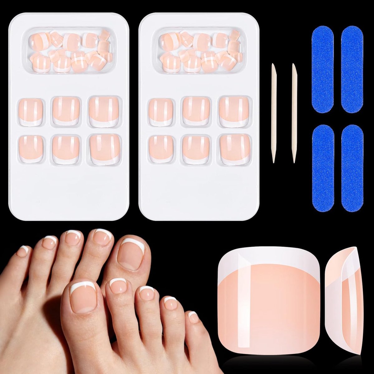 48 stuks Franse teennagels om op te plakken, 12 maten, kunstnagels, volledige dekking, acryl tenen, nageltips, nep-nageltips, voor vrouwen en meisjes, nageldecoratie