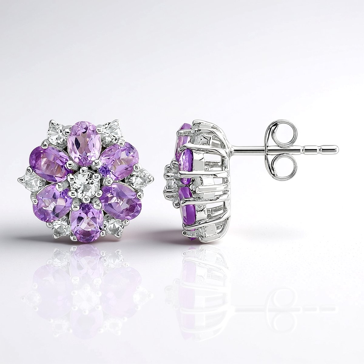 Cavill - Elegante 925 Sterling Zilver Oorbellen Gerhodineerd - 12 Ovale Amethisten 1,814 Ct & Witte Topaas 0,738 Ct - Bloemmotief