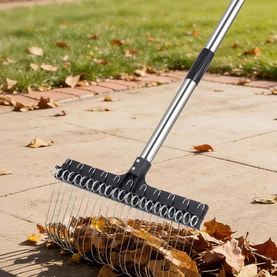 Bladhark Stalen Tanden - Tuinhark Gazonhark - Bladeren Opruimen - Brede Verstelbare Steel - 98-160 cm - Zilver — afbeelding 3