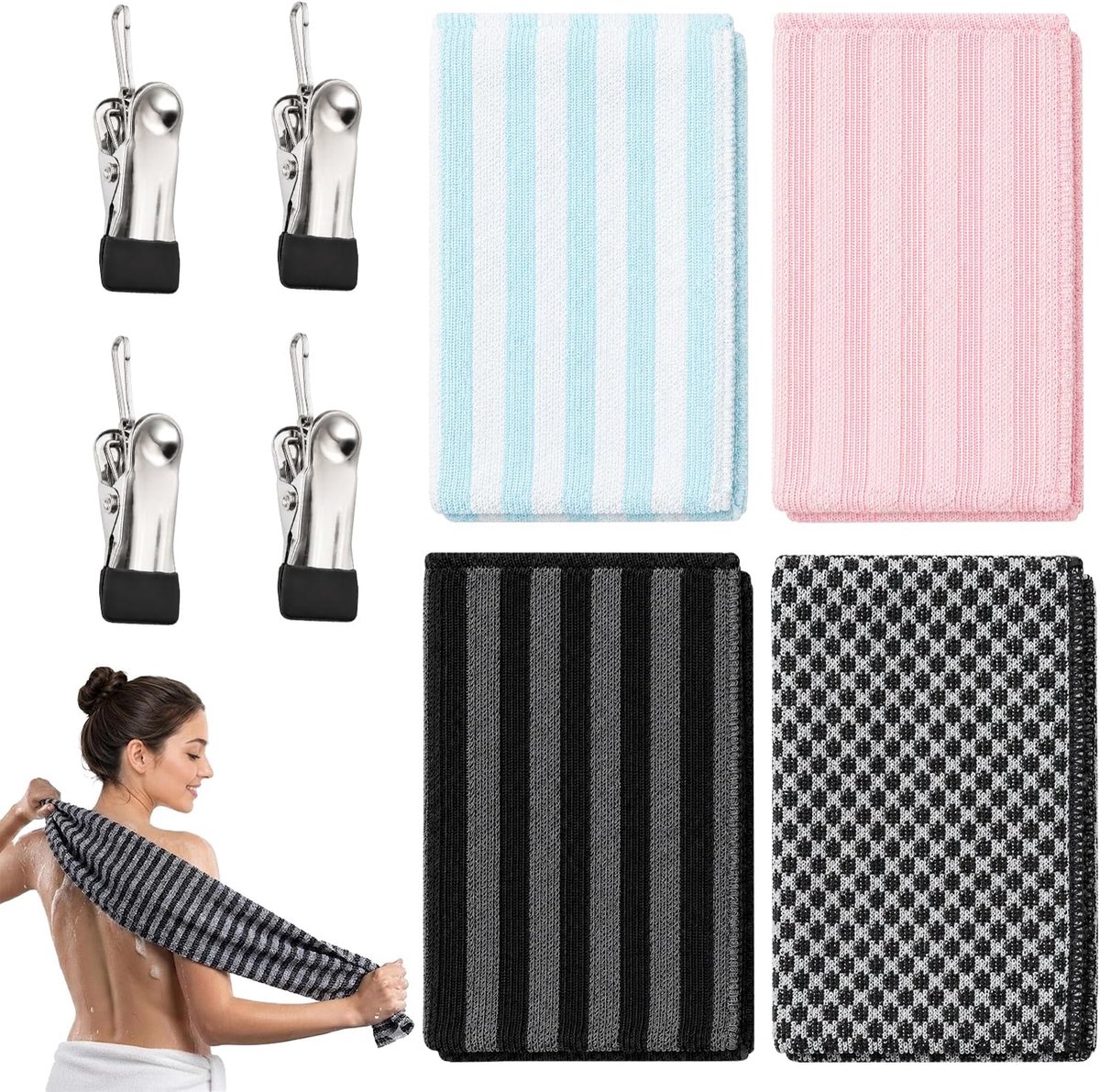 4 Pcs Peeling Duschtuch(With Metal Clothes Pegs) | Exfoliating Antibacterial Shower Towel丨Exfoliating Towel for Men Women,Exfoliating Body Scrubber for Cleaning and Massage