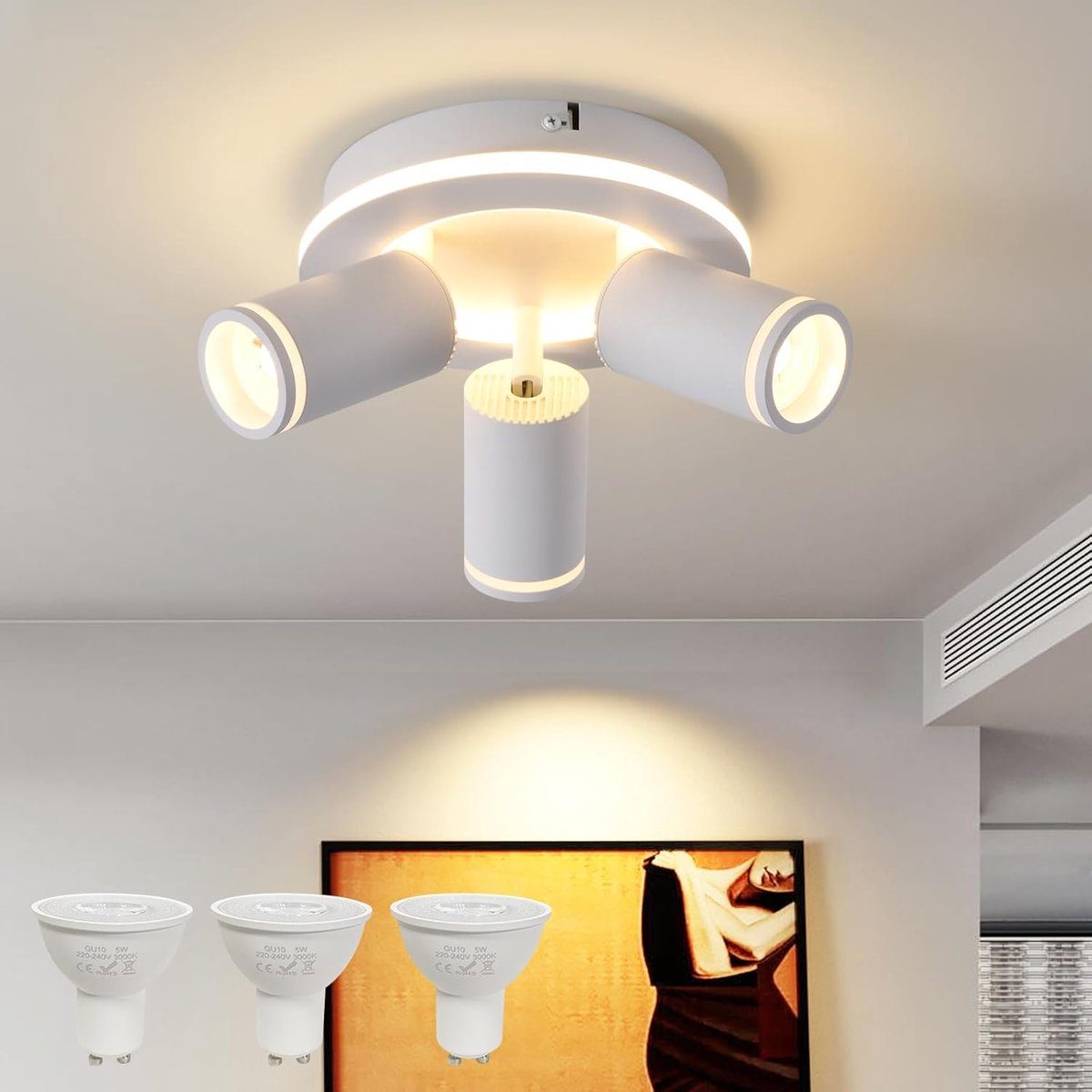 plafondspot 3 vlammen draaibaar,ronde plafondlamp met lagere gloed 15W+3x5W GU10 spots, 3000K warm witte plafondspot, moderne plafondlamp lamp,terrasoverkapping, carports, dakoverstekken