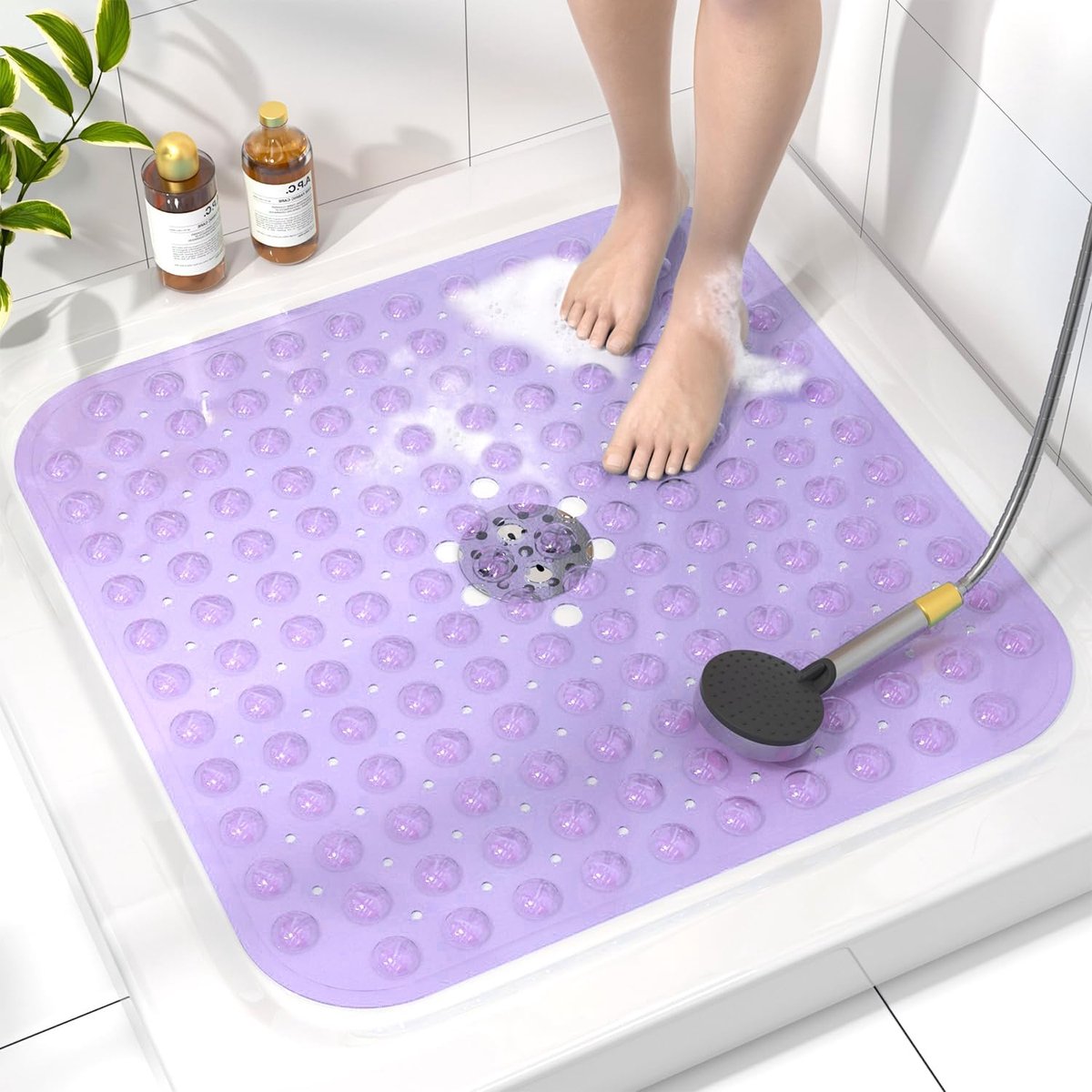Antislip douchemat, 53 x 53 cm, antislip badmat met zuignappen, machinewasbaar, BPA-vrij, zacht voor de voeten, paars
