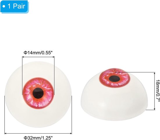 Ogen 32 mm, 1 paar realistische acryl ogen halve bal van kunststof voor poppenmaskers Halloween handwerk, ijsrood — afbeelding 5