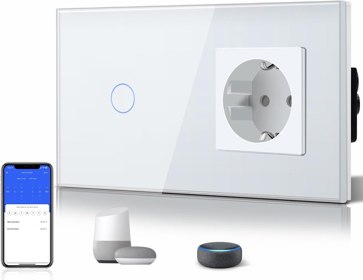Slimme 1-weg touch-schakelaar met 1 knop en wifi, standaard geaard stopcontact, compatibel met Alexa, Tuya, Smart Life, nulleider vereist, wit