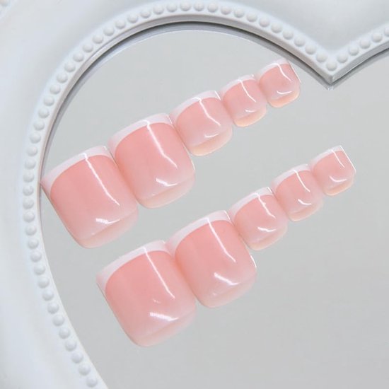 24 stuks kunstnagels, korte voeten, vierkante witte French White Tips Light Pink Base Design, zomer, INS nep feet Toe nagels, volledige cover voet press-on nagels, kunstmatige teennagels — afbeelding 3